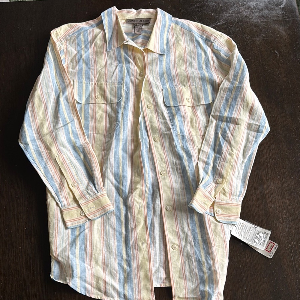 Blue and Yellow Button Down Shirt with Striped Pattern